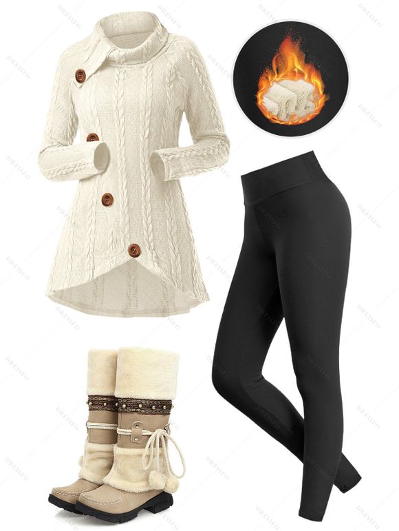 Winter Outfit Turtleneck Cable Knit Sweater Fleece-Lined Leggings and Boots Set - Beige S | US 4