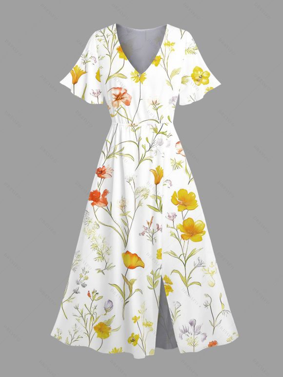 Vacation Couple Outfit Allover Leaf Flower Print Slit Dress and Shirt Set - Jaune S | US 4