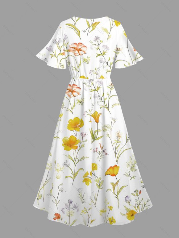 Vacation Couple Outfit Allover Leaf Flower Print Slit Dress and Shirt Set - Jaune S | US 4