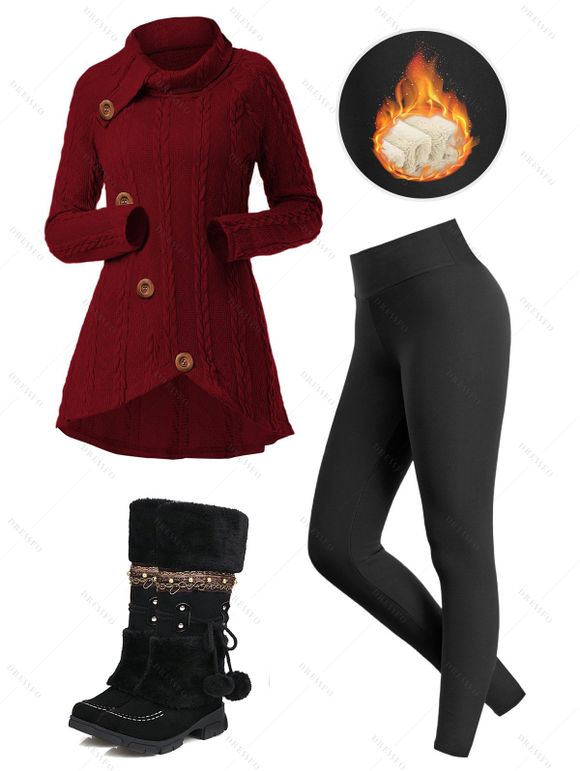 Winter Outfit Turtleneck Cable Knit Sweater Fleece-Lined Leggings and Boots Set - Rouge Vineux S | US 4
