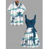 Beach Couple Outfit Coconut Tree Print Colorblock Belt Dress and Shirt Set - Paon Bleu S | US 4