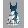 Robe de plage pour les vacances, imprimé cocotier, robe à ceinture froncée et colorblock - Paon Bleu XXXXXL | US 20