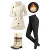 Winter Outfit Turtleneck Cable Knit Sweater Fleece-Lined Leggings and Boots Set - Beige S | US 4