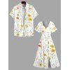 Vacation Couple Outfit Allover Leaf Flower Print Slit Dress and Shirt Set - Jaune S | US 4