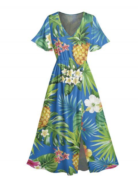 Robe de vacances à imprimé floral ananas et feuilles, manches papillon et fente