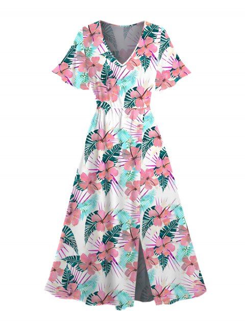 Robe de vacances à imprimé floral et feuilles, manches papillon et fente