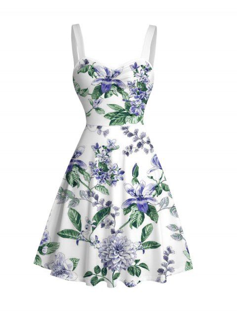 Robe de vacances à imprimé floral et feuilles, froncée