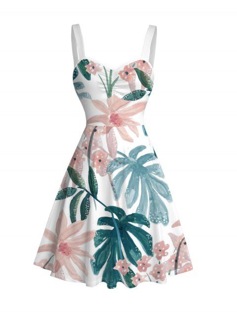 Robe de vacances à imprimé floral aquarelle et feuilles froncées