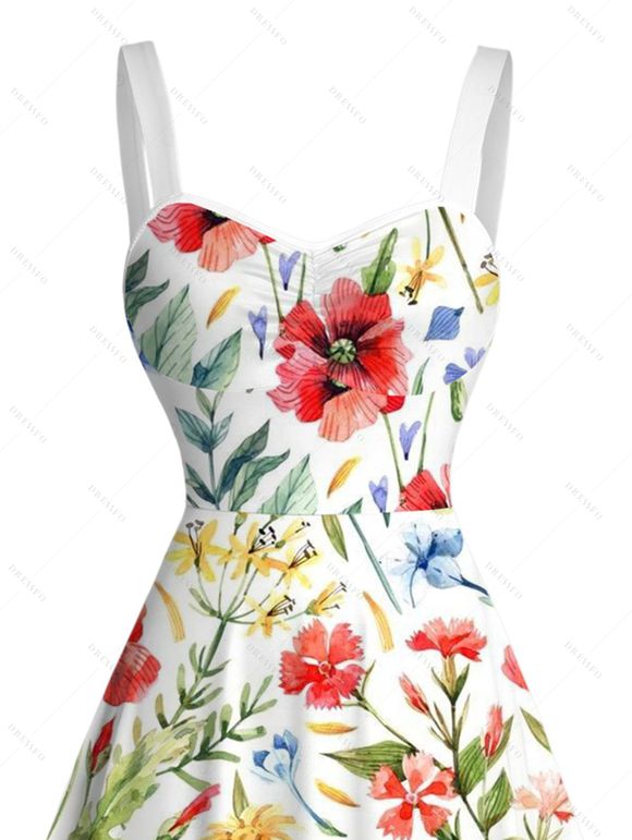 Robe de vacances à imprimé floral et feuilles colorées, froncée - Blanc XXXXXL | US 20