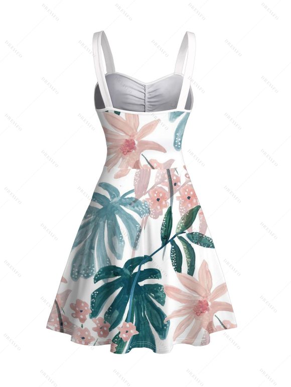 Robe de vacances à imprimé floral aquarelle et feuilles froncées - Blanc XXXXXL | US 20