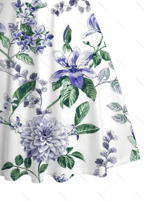 Robe de vacances à imprimé floral et feuilles, froncée - Blanc XXXXXL | US 20