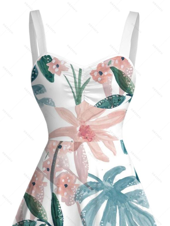 Robe de vacances à imprimé floral aquarelle et feuilles froncées - Blanc XXXXXL | US 20