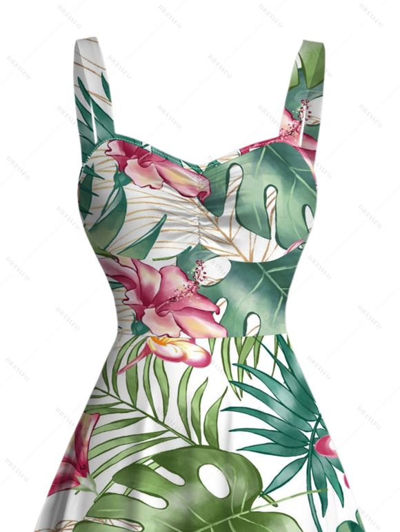 Robe de vacances à imprimé floral tropical et froncée - Vert profond XXXXXL | US 20