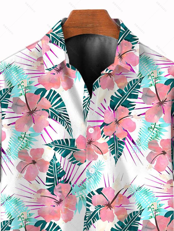 Chemise de plage pour homme à imprimé floral et feuilles, boutonnée - Blanc M