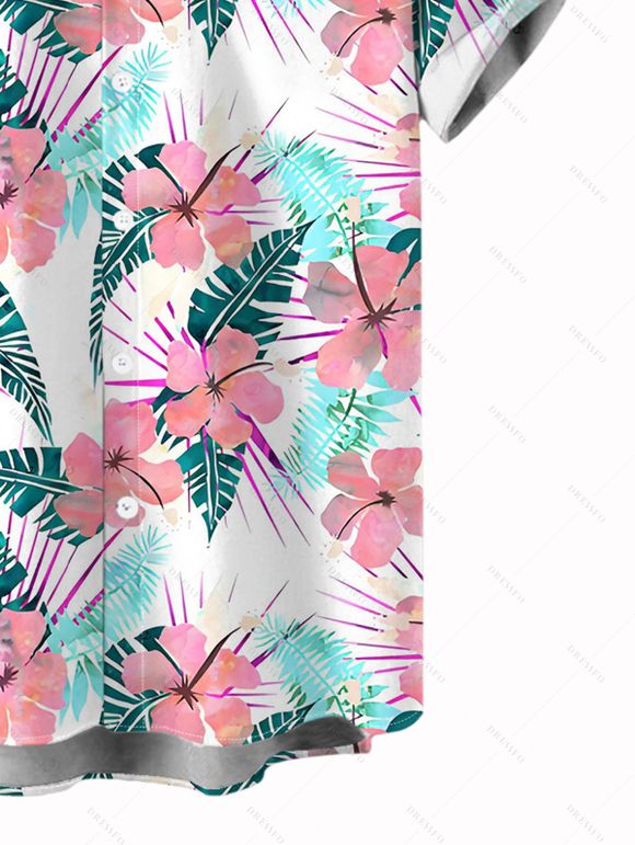 Chemise de plage pour homme à imprimé floral et feuilles, boutonnée - Blanc M