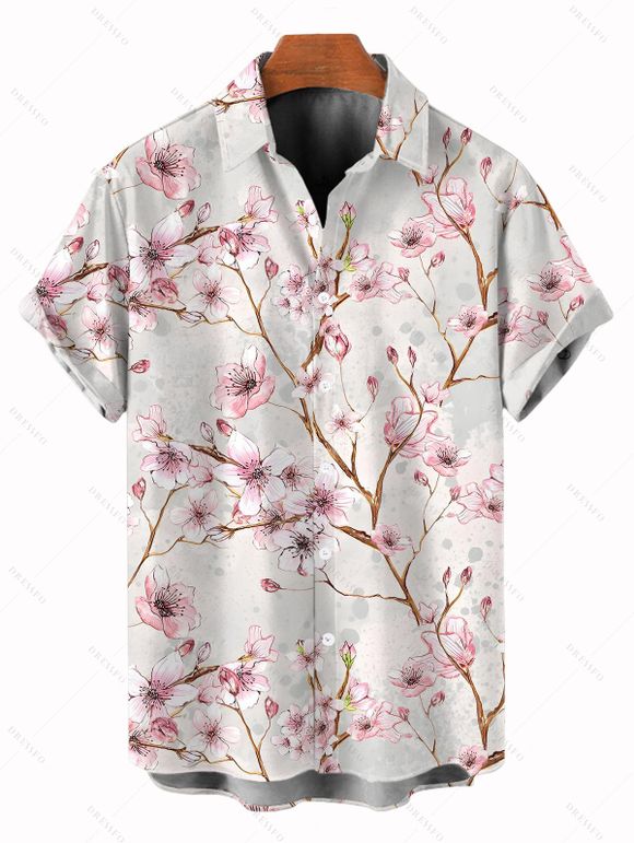 Chemise de vacances pour homme, imprimé floral de fleurs de pêcher, chemise boutonnée - Rose clair M