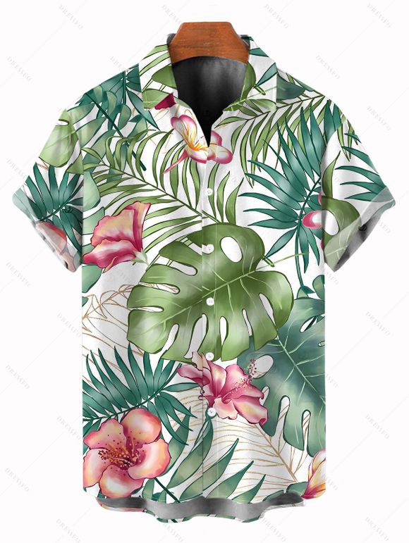 Chemise de vacances pour homme à imprimé floral tropical intégral, boutonnée - PLANT GREEN 5XL