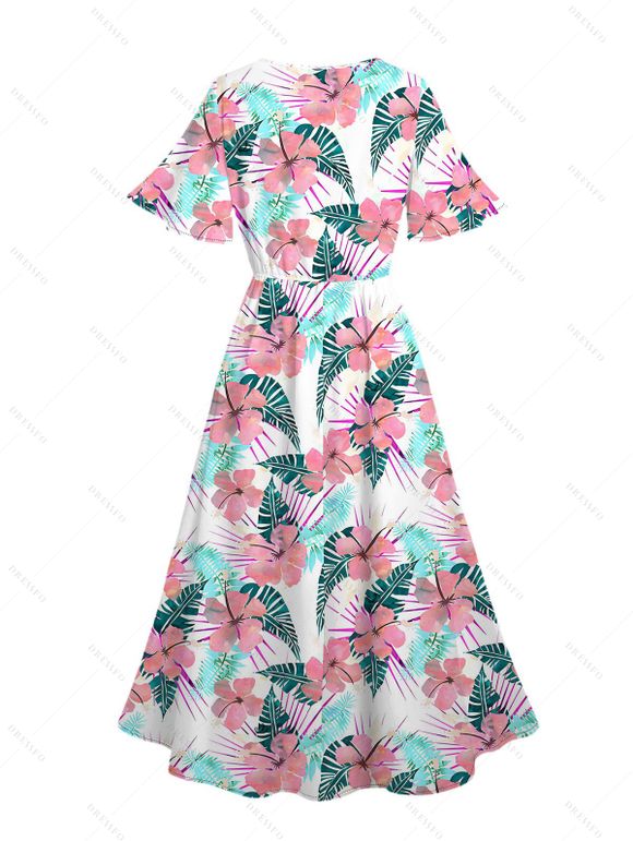 Robe de vacances à imprimé floral et feuilles, manches papillon et fente - Blanc XL | US 12