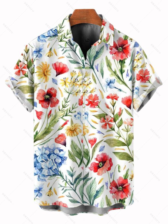 Chemise de vacances pour homme, chemise boutonnée à imprimé floral et feuilles colorées - Blanc M