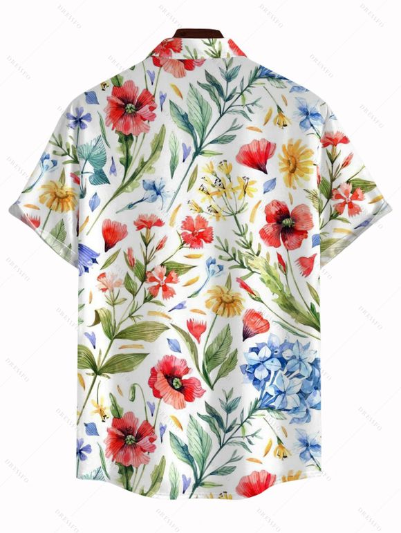 Chemise de vacances pour homme, chemise boutonnée à imprimé floral et feuilles colorées - Blanc M