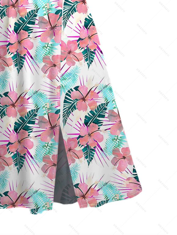 Robe de vacances à imprimé floral et feuilles, manches papillon et fente - Blanc XL | US 12