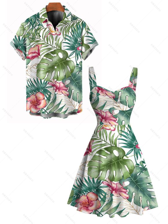 Vacation Couple Outfit Tropical Floral Leaf Print Ruched Dress and Shirt Set - PLANT GREEN S | US 4
