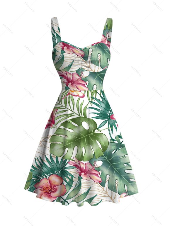 Vacation Couple Outfit Tropical Floral Leaf Print Ruched Dress and Shirt Set - PLANT GREEN S | US 4