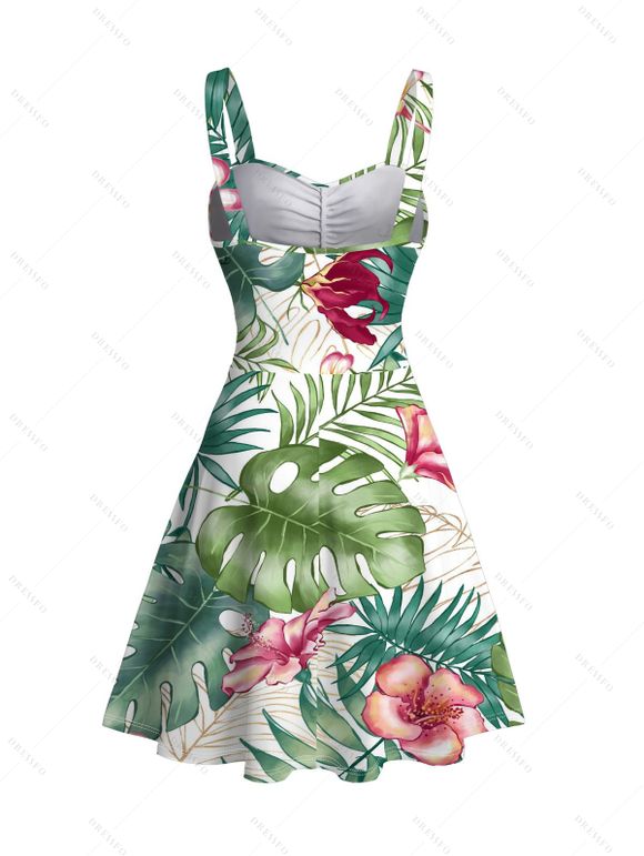 Vacation Couple Outfit Tropical Floral Leaf Print Ruched Dress and Shirt Set - PLANT GREEN S | US 4