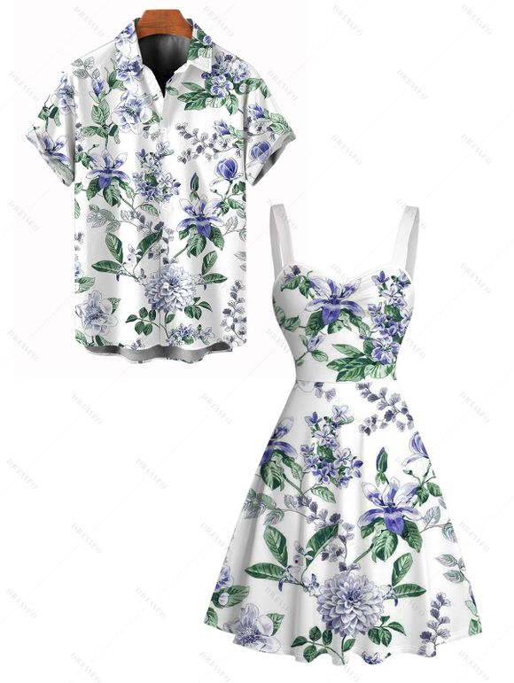 Couple Outfit for Vacation Floral Leaf Print Ruched Dress and Shirt Set - Blanc S | US 4