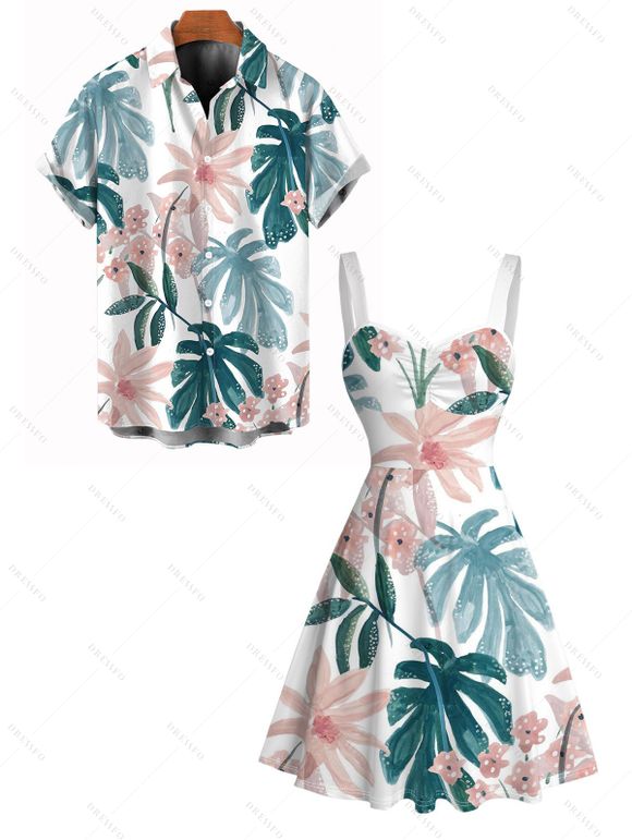 Vacation Couple Outfit Watercolor Floral Leaf Print Ruched Dress and Shirt Set - Blanc S | US 4