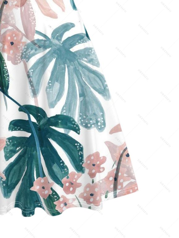 Vacation Couple Outfit Watercolor Floral Leaf Print Ruched Dress and Shirt Set - Blanc S | US 4