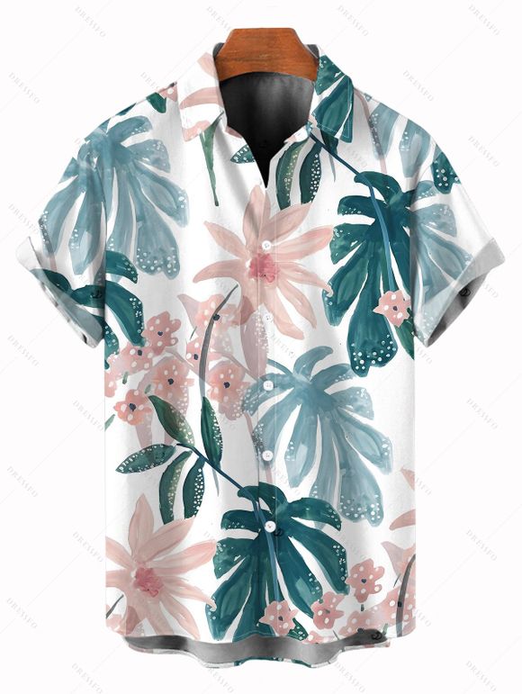 Vacation Couple Outfit Watercolor Floral Leaf Print Ruched Dress and Shirt Set - Blanc S | US 4