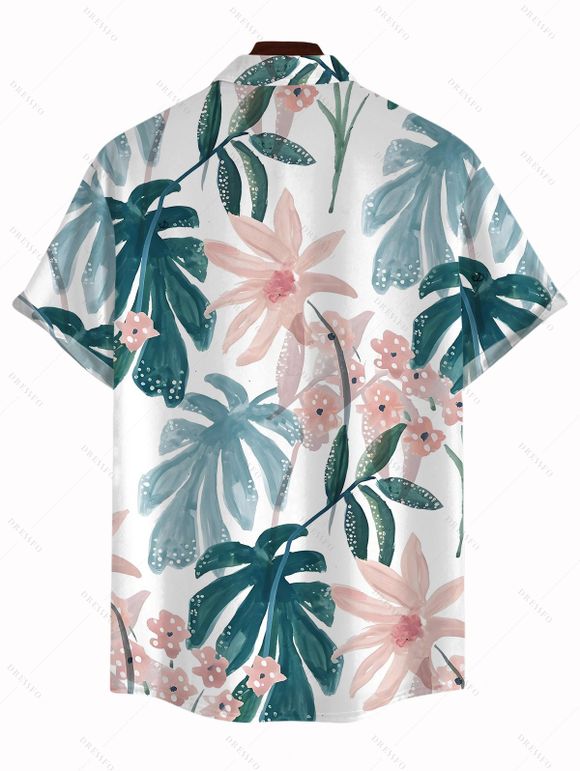 Vacation Couple Outfit Watercolor Floral Leaf Print Ruched Dress and Shirt Set - Blanc S | US 4
