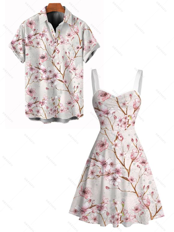 Vacation Couple Outfit Peach Blossom Print Ruched Dress and Shirt Set - Rose clair S | US 4