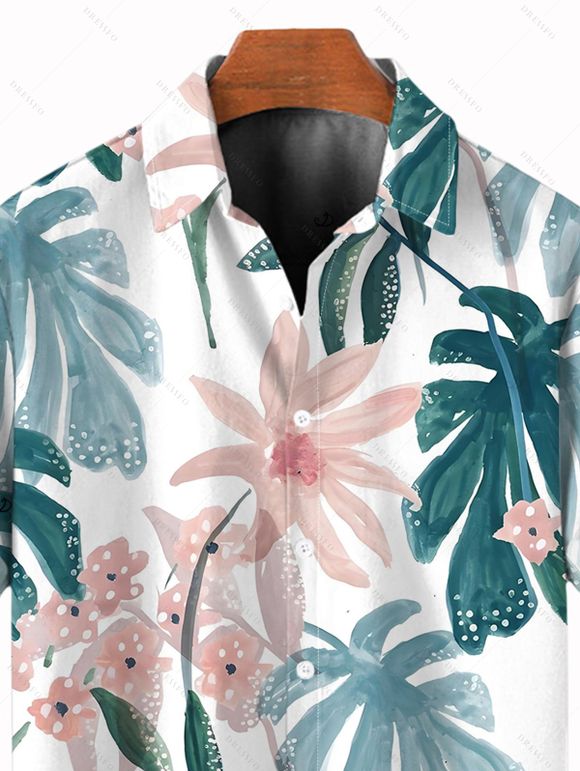 Vacation Couple Outfit Watercolor Floral Leaf Print Ruched Dress and Shirt Set - Blanc S | US 4