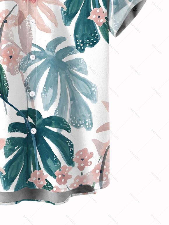 Vacation Couple Outfit Watercolor Floral Leaf Print Ruched Dress and Shirt Set - Blanc S | US 4