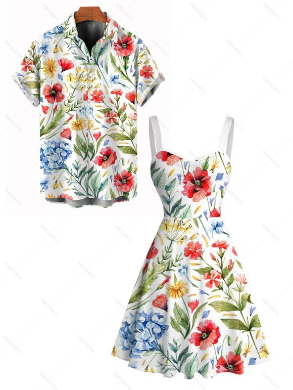 Vacation Couple Outfit Colored Floral Leaf Print Ruched Dress and Shirt Set - Blanc S | US 4