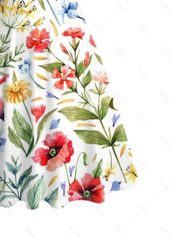 Vacation Couple Outfit Colored Floral Leaf Print Ruched Dress and Shirt Set - Blanc S | US 4