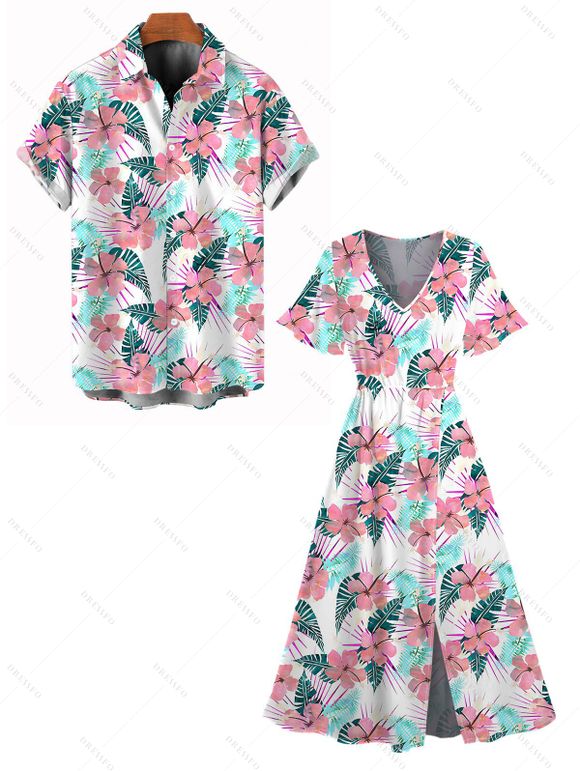 Vacation Couple Outfit Flower Leaf Print Flutter Sleeve Slit Dress and Shirt Set - Blanc S | US 4