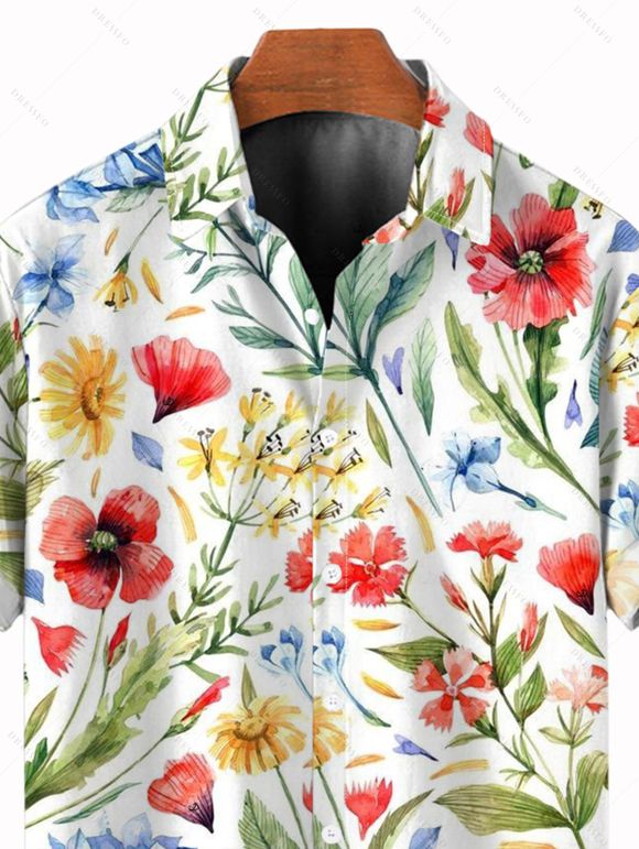 Vacation Couple Outfit Colored Floral Leaf Print Ruched Dress and Shirt Set - Blanc S | US 4