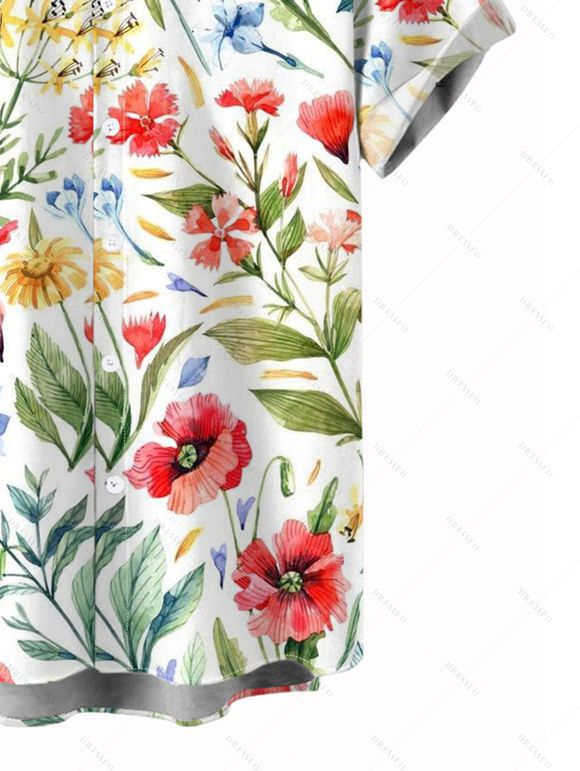 Vacation Couple Outfit Colored Floral Leaf Print Ruched Dress and Shirt Set - Blanc S | US 4