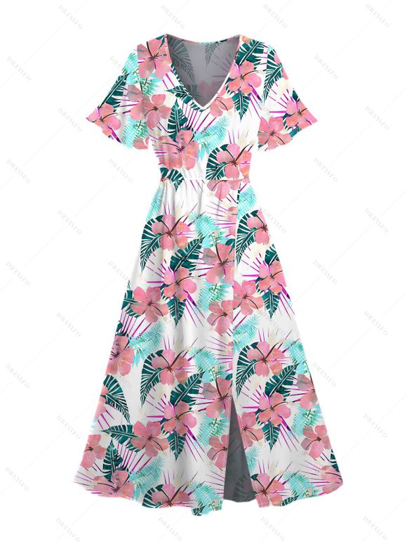 Vacation Couple Outfit Flower Leaf Print Flutter Sleeve Slit Dress and Shirt Set - Blanc S | US 4