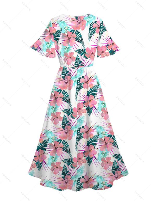 Vacation Couple Outfit Flower Leaf Print Flutter Sleeve Slit Dress and Shirt Set - Blanc S | US 4