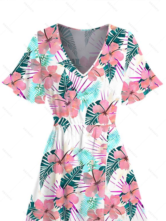 Vacation Couple Outfit Flower Leaf Print Flutter Sleeve Slit Dress and Shirt Set - Blanc S | US 4