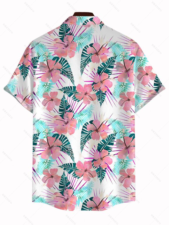 Vacation Couple Outfit Flower Leaf Print Flutter Sleeve Slit Dress and Shirt Set - Blanc S | US 4