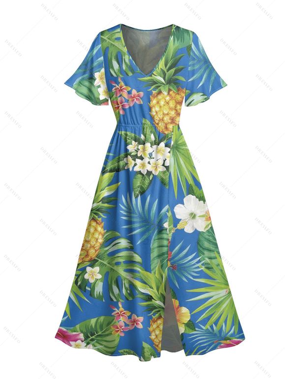 Robe de vacances à imprimé floral ananas et feuilles, manches papillon et fente - Bleu clair XXL | US 14