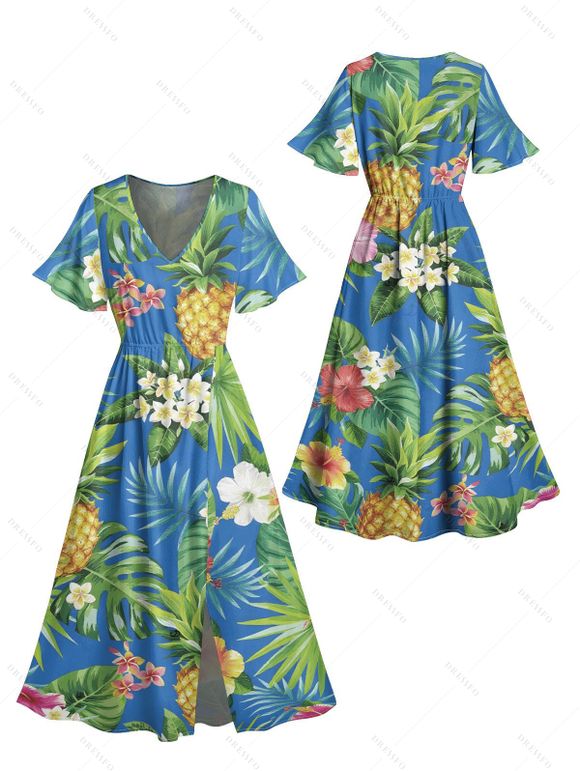 Robe de vacances à imprimé floral ananas et feuilles, manches papillon et fente - Bleu clair XXL | US 14