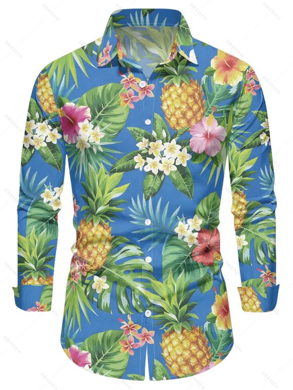 Chemise de vacances pour homme, imprimé floral ananas et feuilles, manches longues - Bleu clair M
