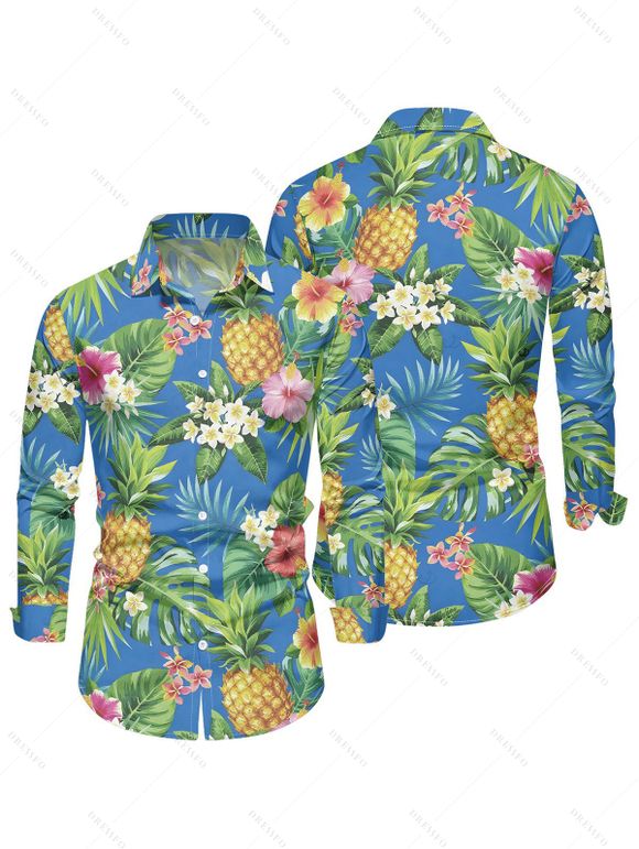 Chemise de vacances pour homme, imprimé floral ananas et feuilles, manches longues - Bleu clair M