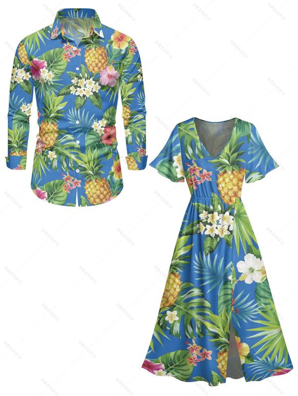 Vacation Couple Outfit Pineapple Floral Leaf Print Slit Dress and Shirt Set - Bleu clair S | US 4